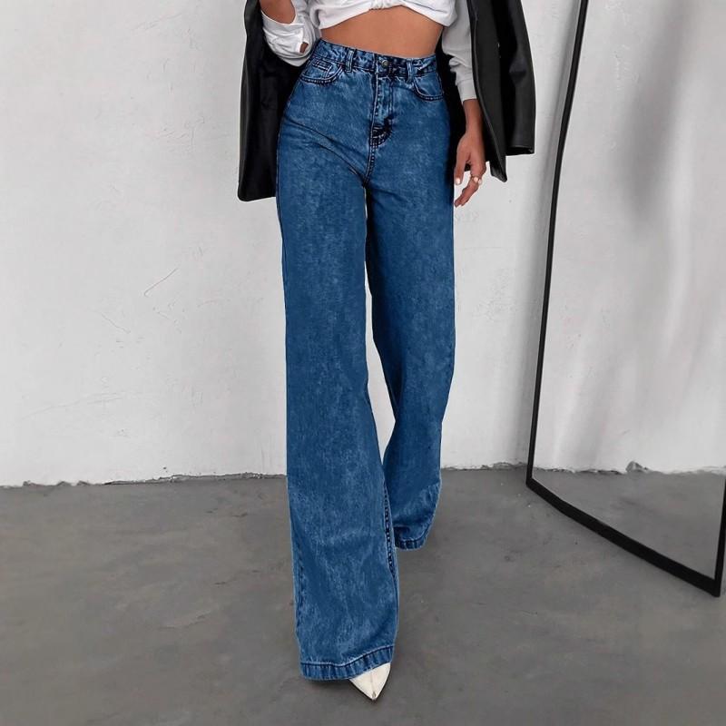 Womens High-Waisted Straight Leg Wide Fit Denim Jeans Water Washed Cotton Blend Comfort Casual Trousers