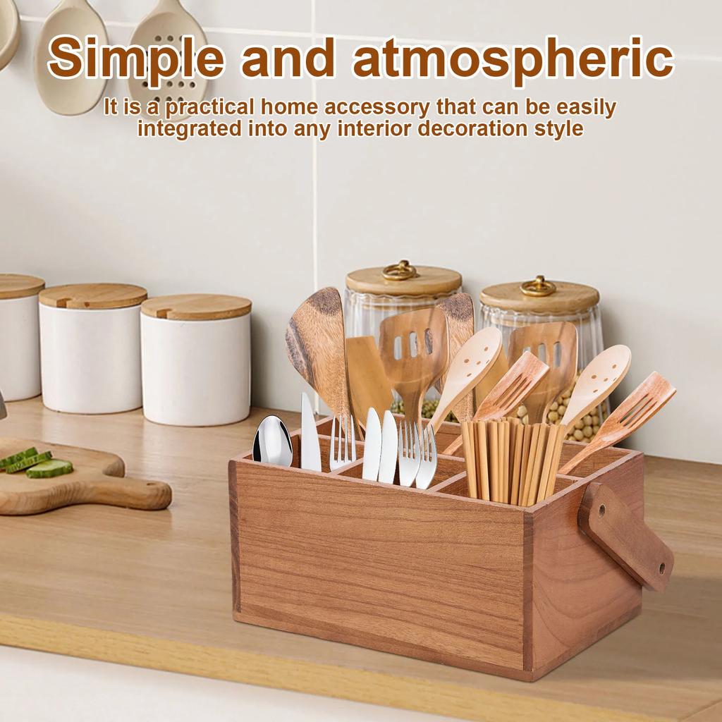 Wooden Kitchen Cooking Utensil Holder with Handle 4 Compartments Caddy Cutlery Holder for Silverware Kitchen Counter Organizer