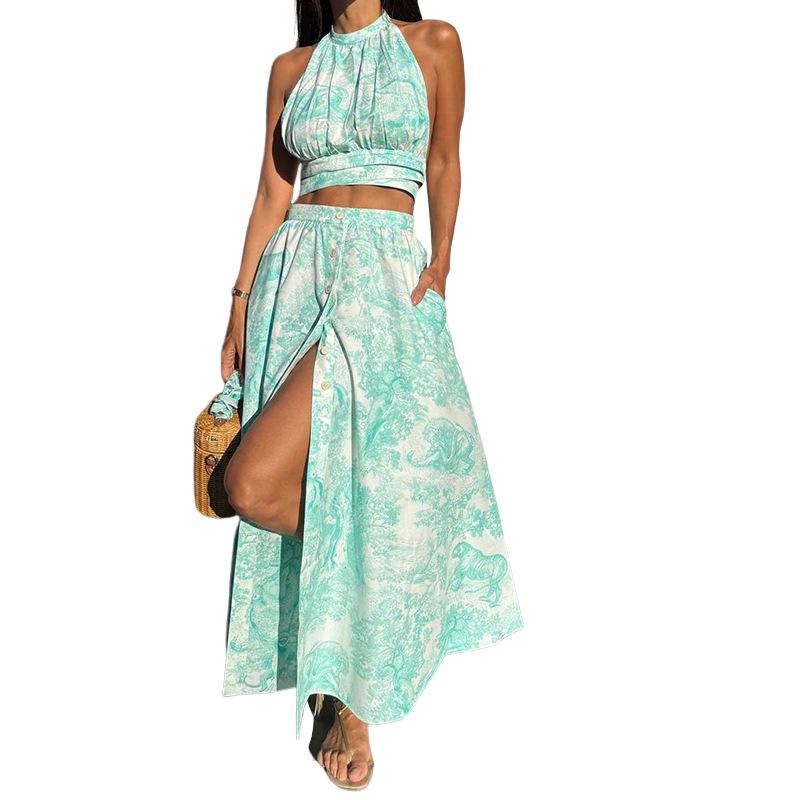 Spot Women's Clothing Hot-selling Vacation Style Print Tube Top Skirt Set Two-piece Set