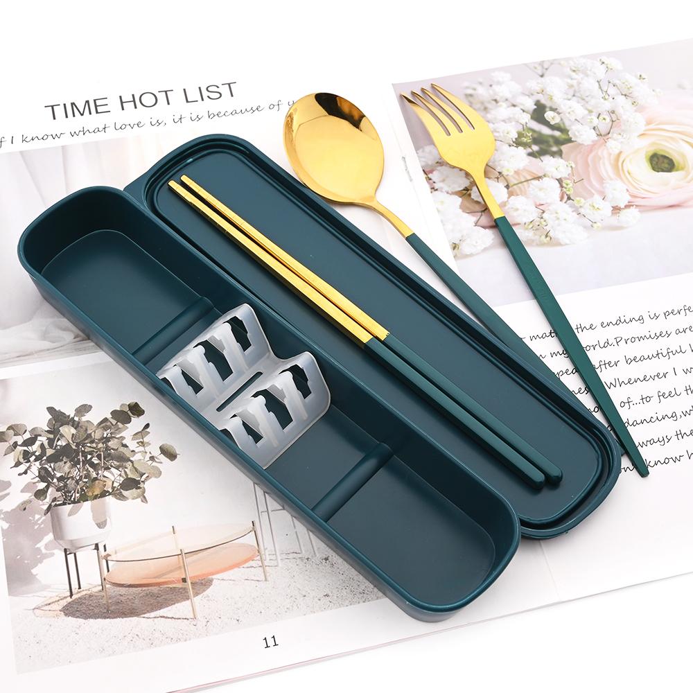 Schwarzes und goldenes Geschirrset, tragbares Reiseset, 3-teilig, Essstäbchen, Gabel, Löffel, Besteckset mit Box, Küchenzubehör, Besteck