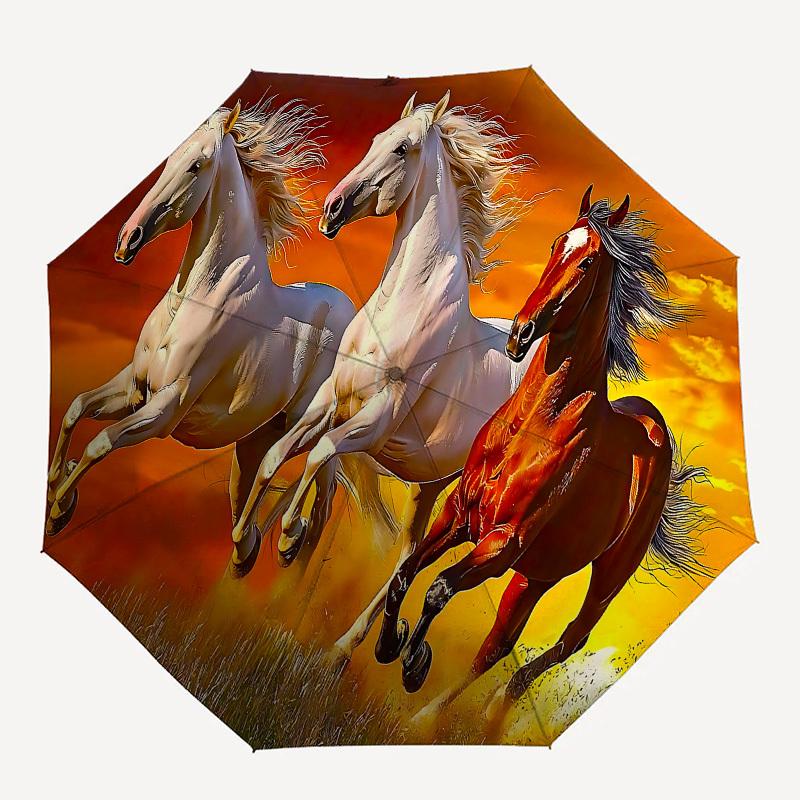 Horses Sunset Automatic Folding umbrella Compact 8 rib Design,Unique Style,Suitable for Everyday Outdoor Use,Perfect Gift for Friends a