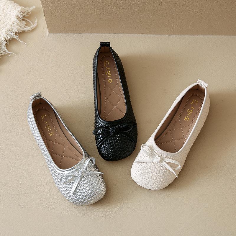 Bow Shallow Mouth Single Shoes Women's 2025 New Summer Round Head Flat Shoes French One-pedal Mary Jane Shoes Size 34