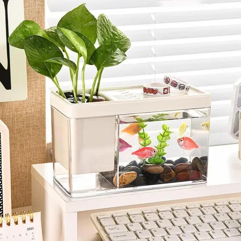 Aquarium Mini Fish Tank Ornamental Fish Table Box Landscape Creative Small Tropical Tank Table Fish Tank Organizer Storage