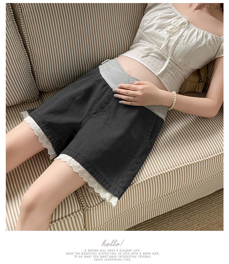 2026 New Style Tummy Support Maternity Denim Shorts with Lace Trim – Summer Wide-Leg Hot Pants