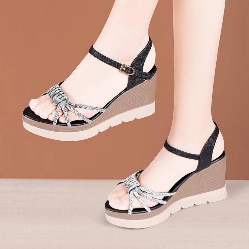 

8cm Small Size 33-43 Comfortable Rhinestone Sandals Summer Platform Shoes 2025 Womens High Heels Wedges Sandals for Office Party 33 чорний