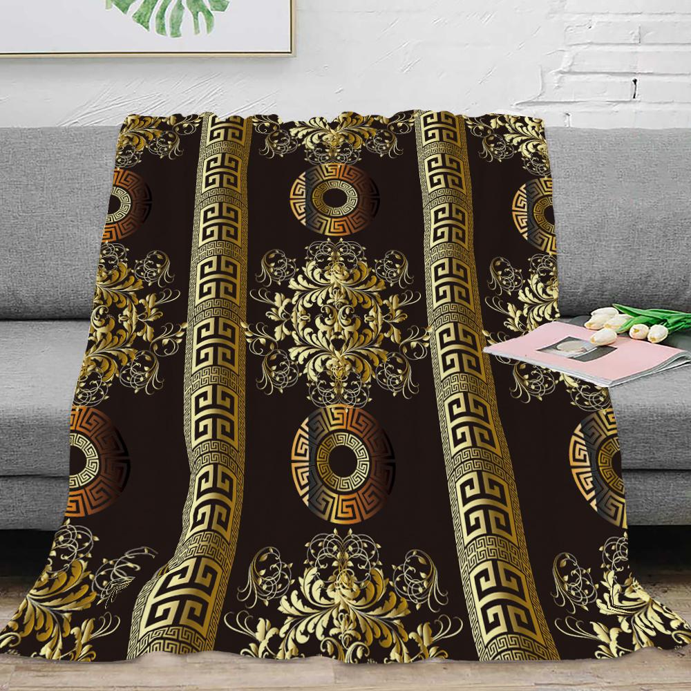 Couverture Plaid en Flanelle Luxe Noir Or Clé Grecque Méandre Baroque Douce Peluche Moelleuse Chaude Décoration Maison Couette Linge de Lit Cadeau