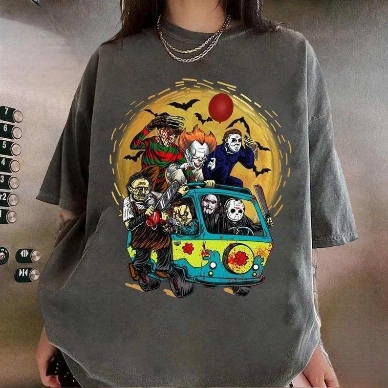 (gray) Funny Horror Villains T-Shirt – Mystery Van Parody Halloween  Unisex T-Shirt S