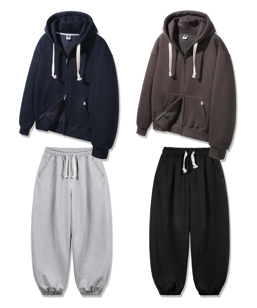 Alvinclo [Set] Plain Oversized Two-Way Zip-Up Hoodie With Single Pleat Wide Jogger Pants Set