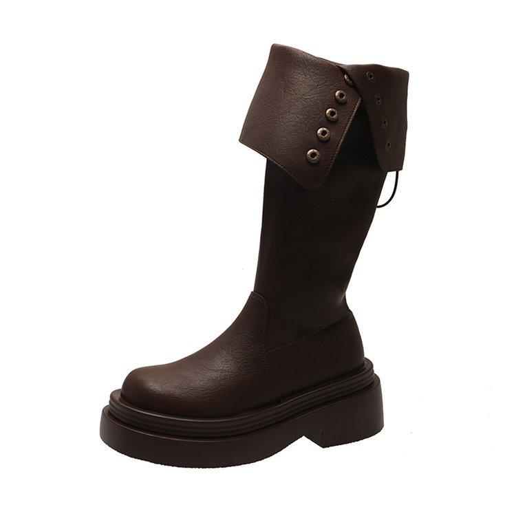 Retro Brown American Thick Heel Thick-soled Boots Women's 2025 Autumn New Popular Heightened and Thin Knight Boots
