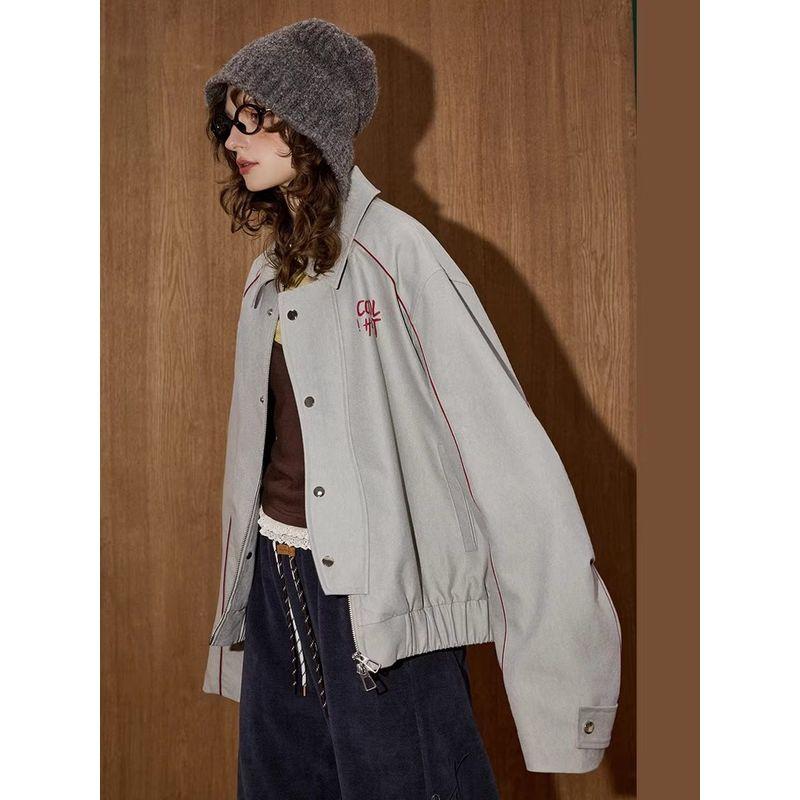 Coolhut2025 Autumn Women's Fashion Casual Versatile Loose Slimming Lapel Baseball Jacket Gray Button-Down