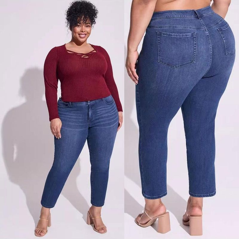 

100.00kg Chubby Girl Plus Size plus Size High Waist Elastic Slim Fit Slimming Dark Blue Skinny Jeans Denim 481# S pants length flaw 22