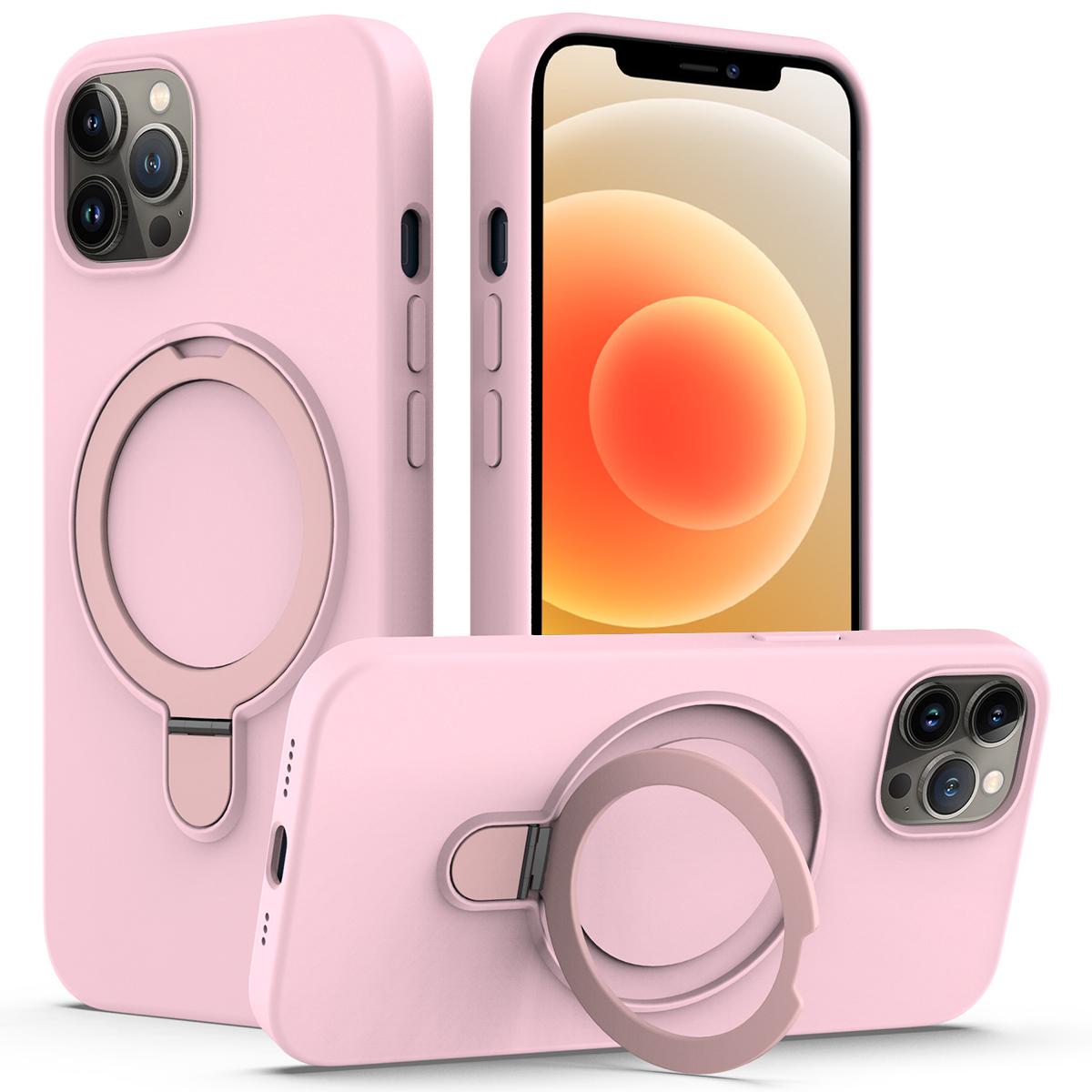 

For iPhone 12 Pro Max Magnetic Case PC+Silicone Cover with Ring Kickstand Grey Pink
