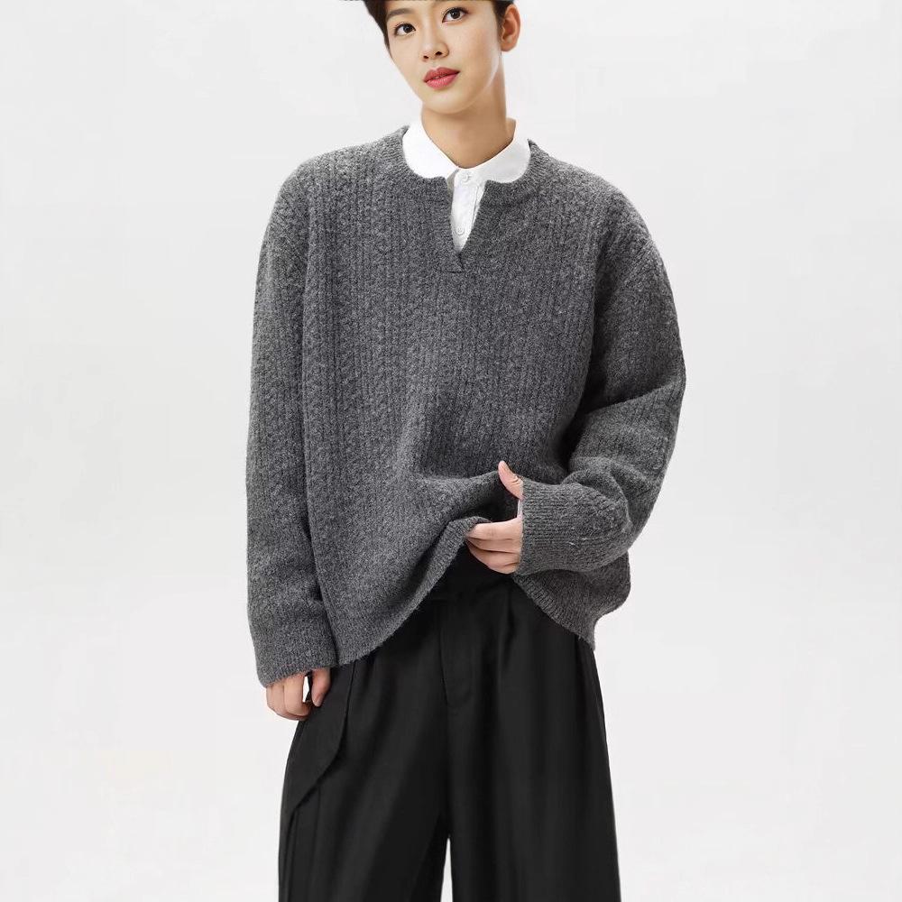 

2025 Autumn/Winter Men s Casual Retro V-neck Knit Sweater - Solid Color Large темно-сірий
