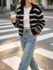 Women's Black Almond Stripe Hooded Knit Cardigan - Slimming Loose Fit, Button-Up Autumn/Winter Jacket
