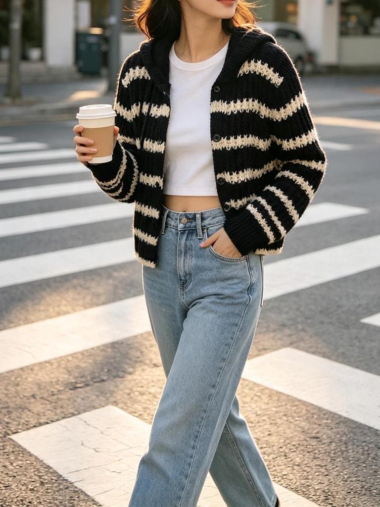 Women's Black Almond Stripe Hooded Knit Cardigan - Slimming Loose Fit, Button-Up Autumn/Winter Jacket