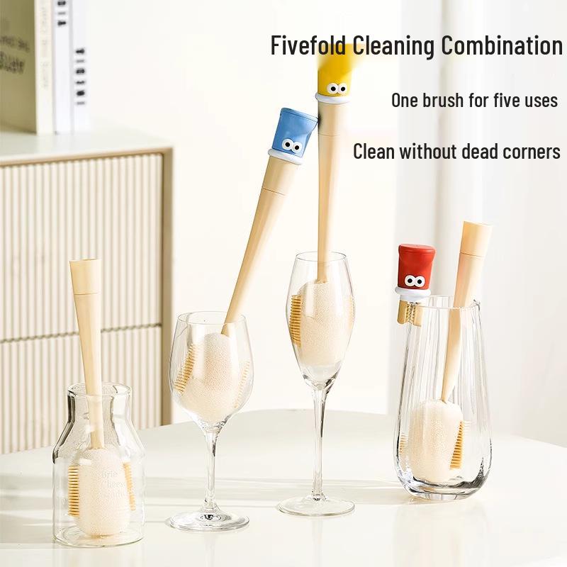Five-in-One Long Handle Brush Set: Multi-functional for Small Boots, Insulated Cups, Baby Bottles, and Cleaning Sponges.