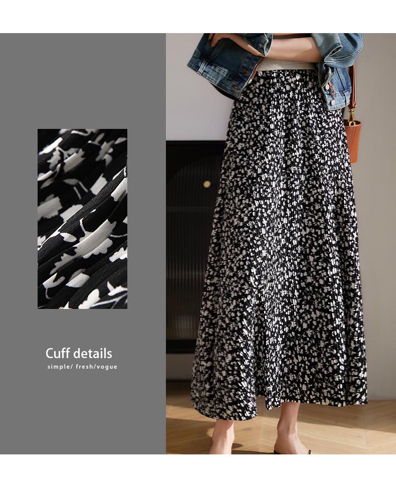 French Floral High-End Black Midi Skirt - Spring/Summer Vacation Style