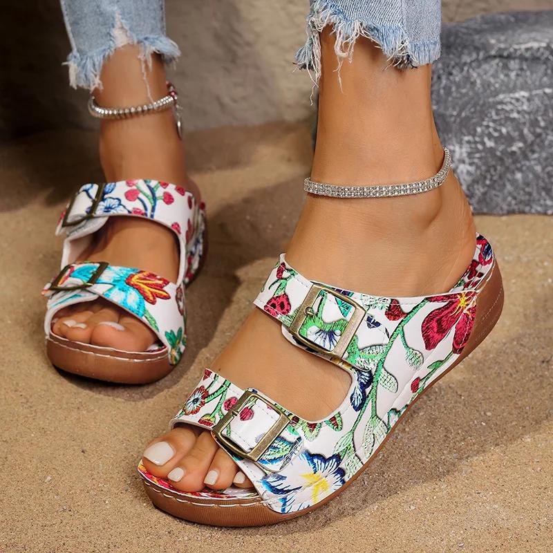 Fashion Fashion Printed Wedge Heels Sandals Women Summer 2025 Double Buckle Platform Slippers Woman Lightweight Non Slip Beach Sandles