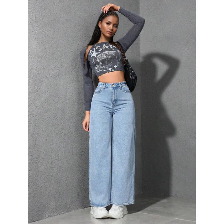 Jeans Women Vintage Wide Leg Pants Denims High Waist Washed Distressed Basics Straight Trousers Streetwear Floor Length