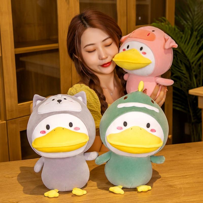1pc 33cm Adorable Big Mouth Duck Plush Toys Kawaii Toy Turn To Dinosaur Husky Bear Frog Rabbit Dolls Stuffed Soft Pillow For Girls