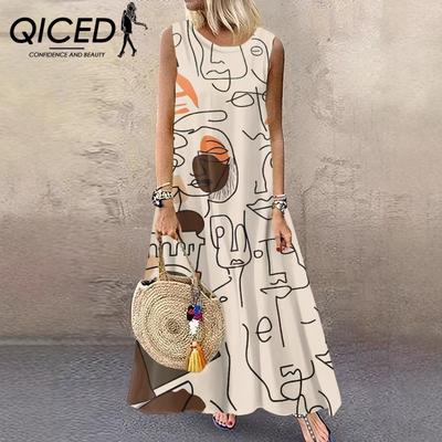 Vestido Feminino de Verão Solto Elegante Sem Mangas com Estampa Vintage