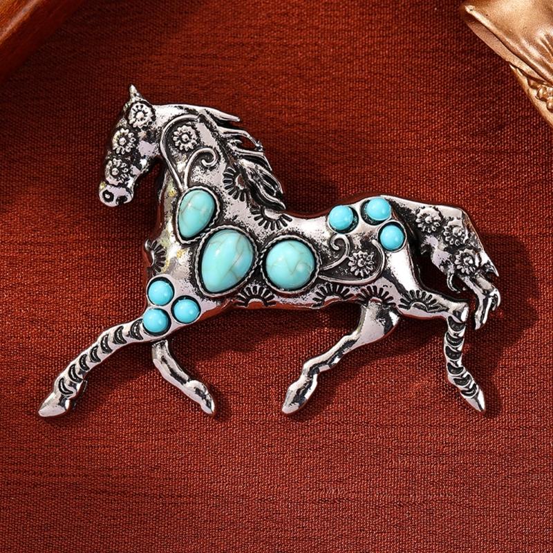 Elegant Horse Brooch Adorned with Simulated Turquoise Accent for Fashion Forward Looks on Suits and Shirts Gift