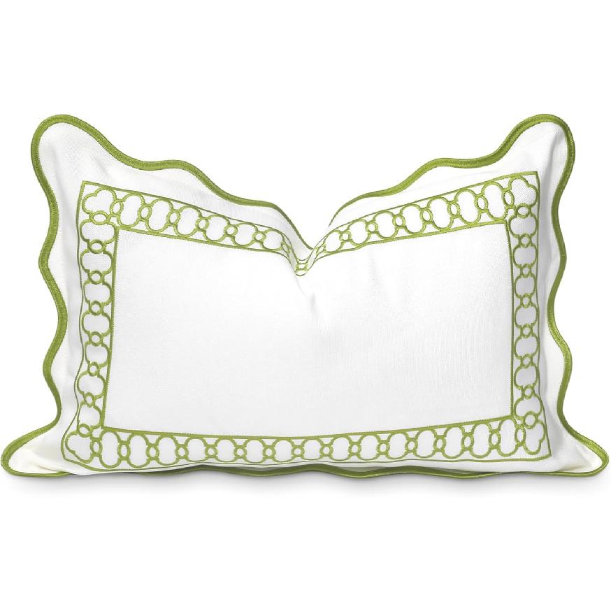 Hofdeco Premium Coastal Patio Indoor Outdoor Scalloped Lumbar Pillow Cover Only, 12"x20" Water Repellent for Backyard, Couch, Green Embroidered