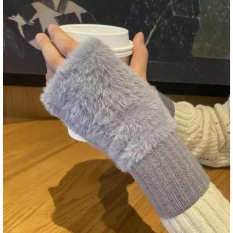 Mink Fleece Soft Winter Half Finger Gloves Women Warm Luxury Solid White Plush Knitted Fingerless Gloves Wrist Mittens Writting