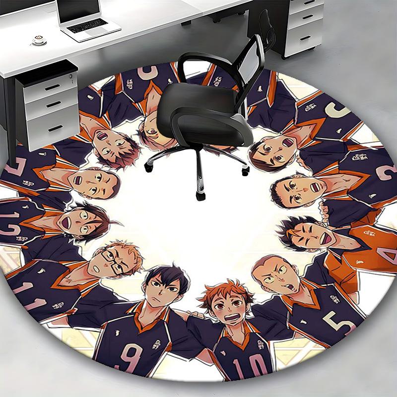 1pc Anime Volleyball Team Round Carpet  Office Chair Mat, NonSlip Rug with Haikyuu Characters for Anime Lovers