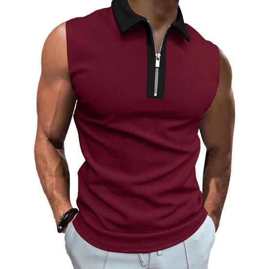 Men Summer Shirt Turn-down Collar Zipper Sleeveless Solid Color Patch Pocket Breathable Pullover Slim Fit Mid Length Casual Daily Top