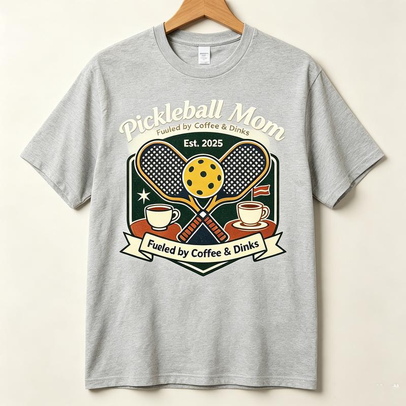 Pickleball Mom Fueled by Coffee Dinks Vintage Collegiate Crest Graphic T Shirt Unisex Casual Cotton Short Sleeve Tops Funny