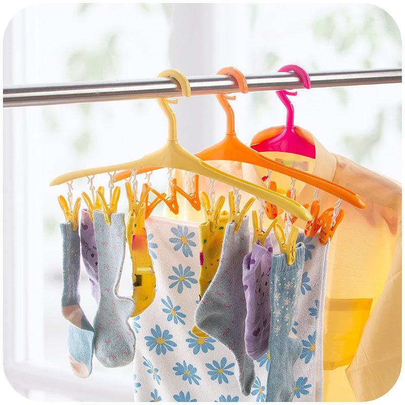 Multi-function Baby Hanger Windproof buckle clothes hanger +8 clips plastic 360 degree rotation drying rack for closet organizer