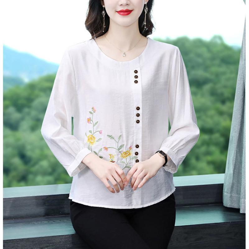 Spring Summer New Women Fashion Casual Office 3/4 Sleeve Embroidery Cotton Linen Big Plus Size Top T-Shirt L-5XL
