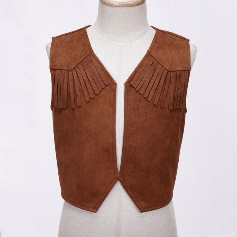 Kids Boys Western Cowboy Vest Suede Leather Pointed Hem Jacket for Halloween Carnival Party