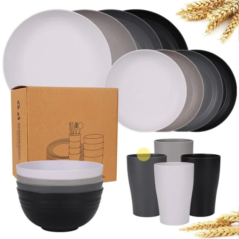 Set di Posate e Stoviglie in Paglia di Grano Naturale Set da Cena Piatti, Ciotole, Tazze Biodegradabili Indistruttibili Leggeri per Cucina Campeggio