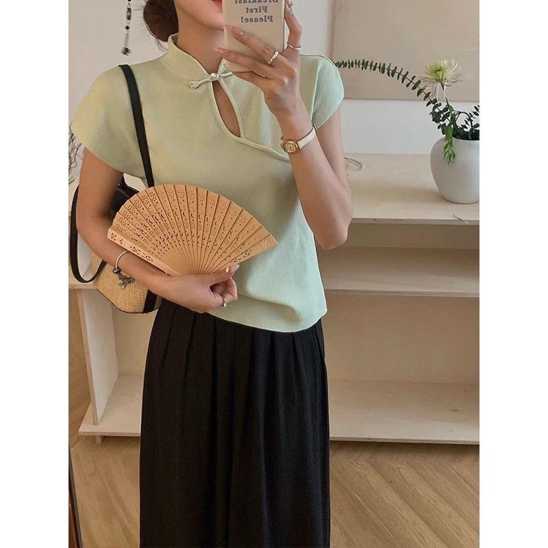 New 2024 Summer High-End Black Chinese Stand Collar Cap Sleeve Cheongsam Top In Zen National Style