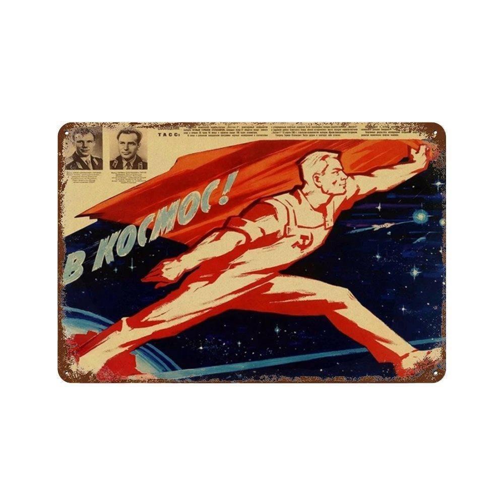 Vintage Russian Propaganda The Space Race Aluminum Signs Poster Retro Ussr Metal Sign Wall Art Plaques Workshop Home Decoration 20x30cm