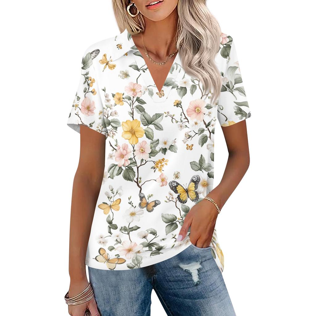 Women's Casual V Neck Short Sleeve Floral Print Polo Shirt Lightweight Summer Top with Collar for Daily Wear