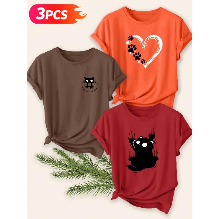 Three-piece Set Elegant Short-sleeved Shirt for Women Cat Pet-themed Printed Round-neck Women's Shirt T Shirt Suitable for Spring Wear Summer