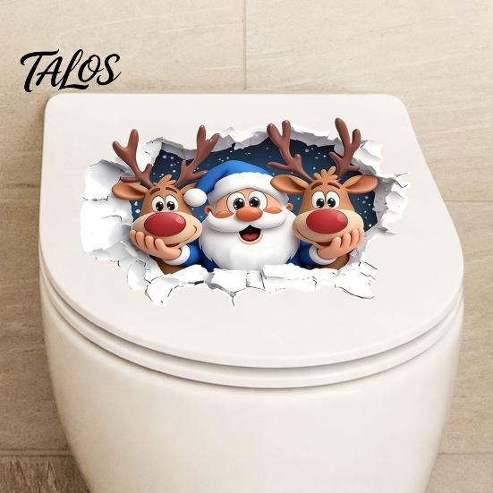 DIY Room Beautification Stickers Christmas Santa Claus And Elk Toilet Stickers, 3D Wall Breaking Decals, Waterproof PVC Decorative for Bathroom