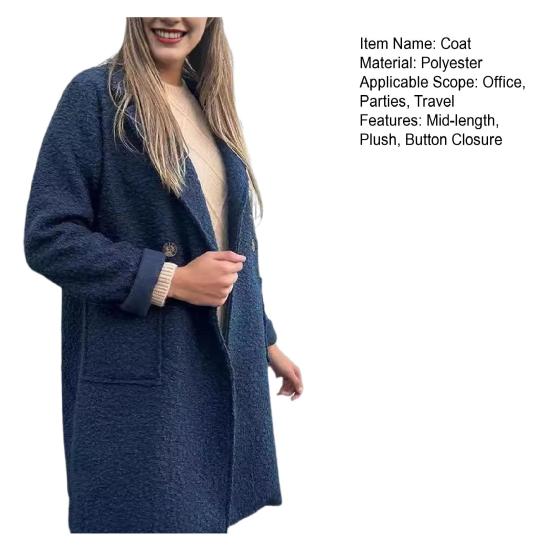 Women's Fleece Jacket Lapel Button Closure Fluffy Gown Coat Solid Color Mid-Length Plush Warm Coat for Office Parties Travel