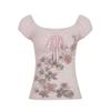 H's European and American Women's Clothing Retro Sweet Plant Florals Print Pink T-shirt Drawstring Lace Low-Cut Short Top
