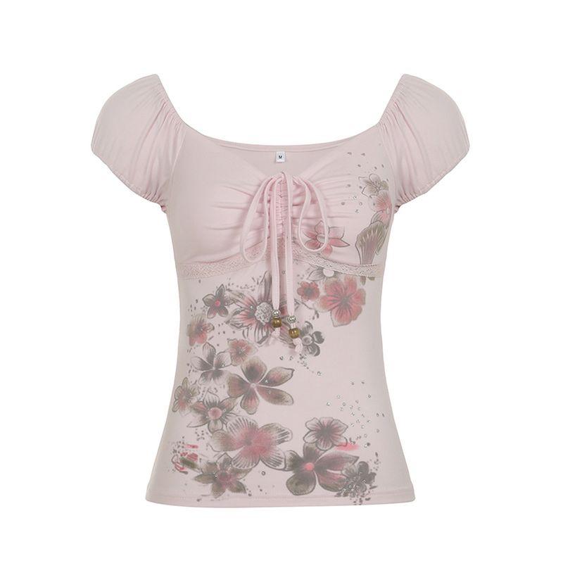 H's European and American Women's Clothing Retro Sweet Plant Florals Print Pink T-shirt Drawstring Lace Low-Cut Short Top