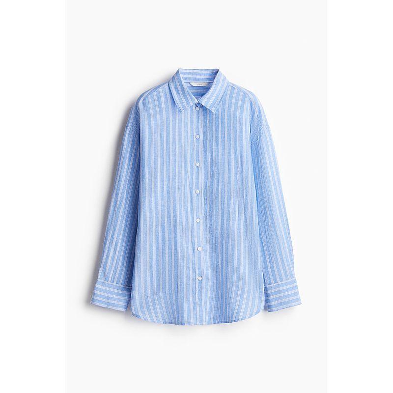 

HM Women s Shirt 2025 Summer New Arrival Temperament Commute Linen Blended Loose Air-Conditioner Cardigan Shirt 1283782 Light blue/Stripes 175/116