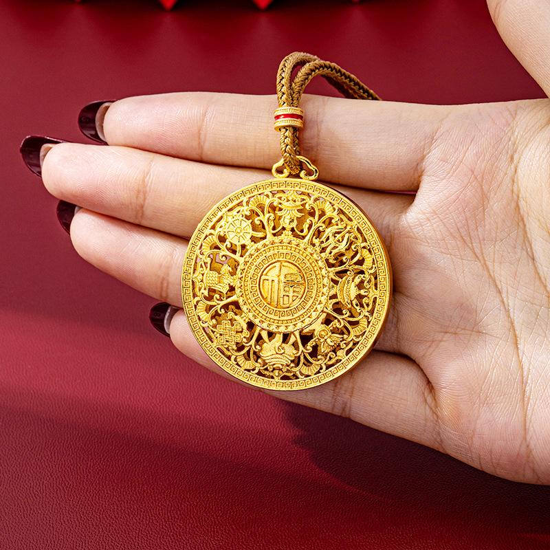 Eight Treasures Compass National Trend Hollow Ancient Dharma Fortune Round Card Jewelry Necklace Pendant 60CM(Necklace Long)