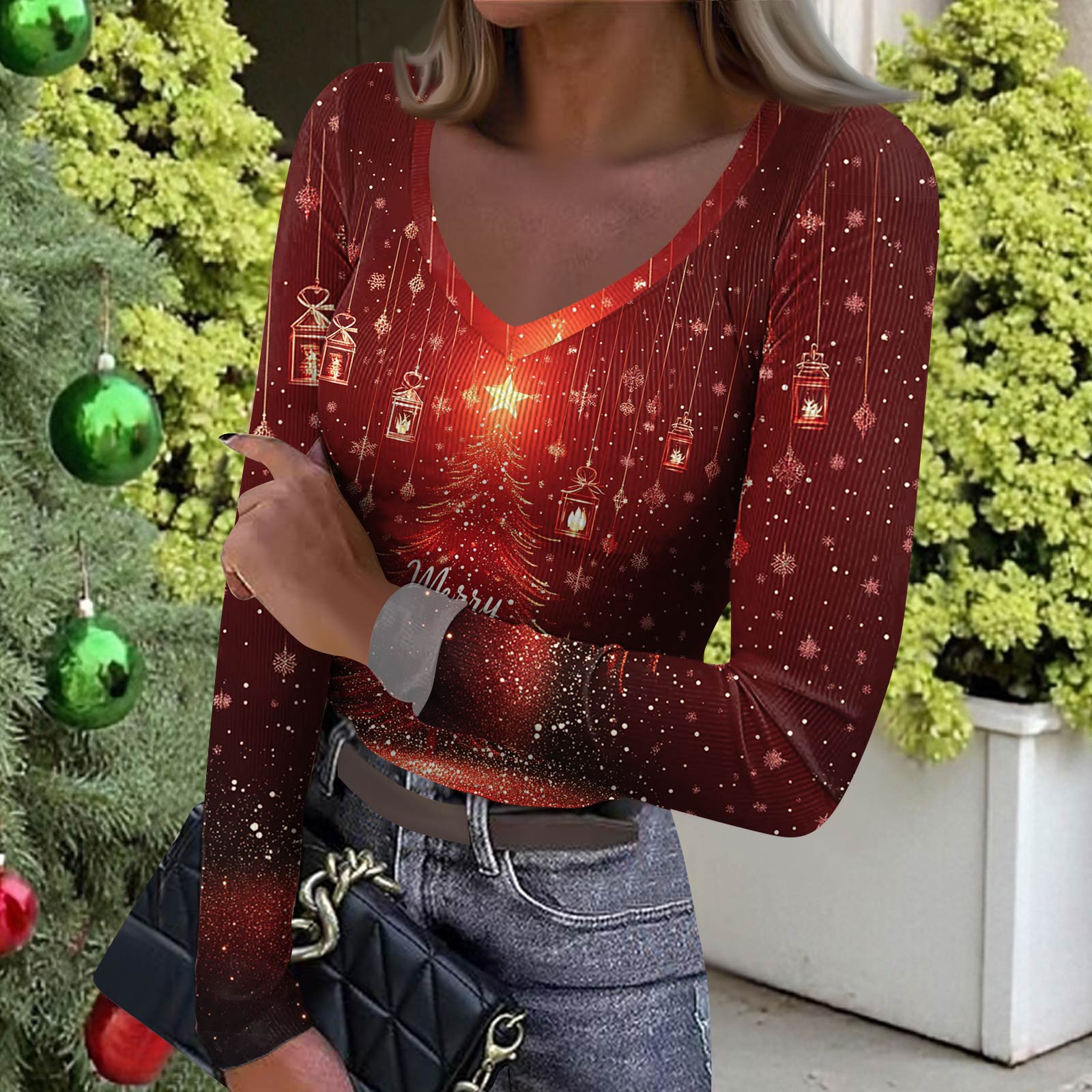 

Женская зимняя облегающая футболка-базовый слой, модный рождественский принт, V-образный вырез, пуловер, топ с длинными рукавами XL винный