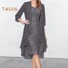 2 Teile/satz Damen Strickjacke Kleid Set Spitze Blumenstickerei O Hals Slim Fit Midikleid Dünn Unregelmäßig Dreiviertel Ärmel Mittellang Mantel Formal