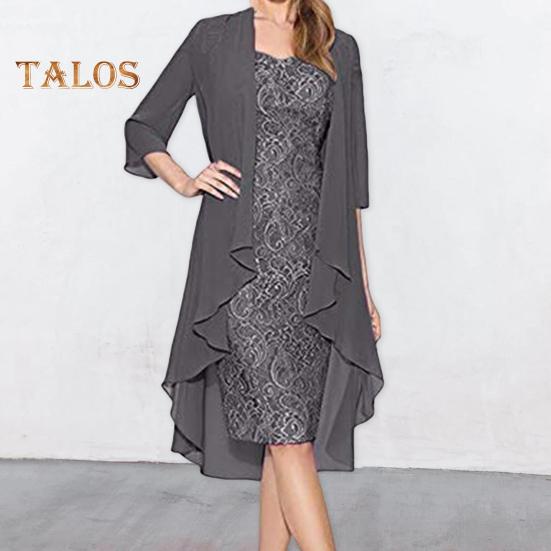 2 Teile/satz Damen Strickjacke Kleid Set Spitze Blumenstickerei O Hals Slim Fit Midikleid Dünn Unregelmäßig Dreiviertel Ärmel Mittellang Mantel Formal