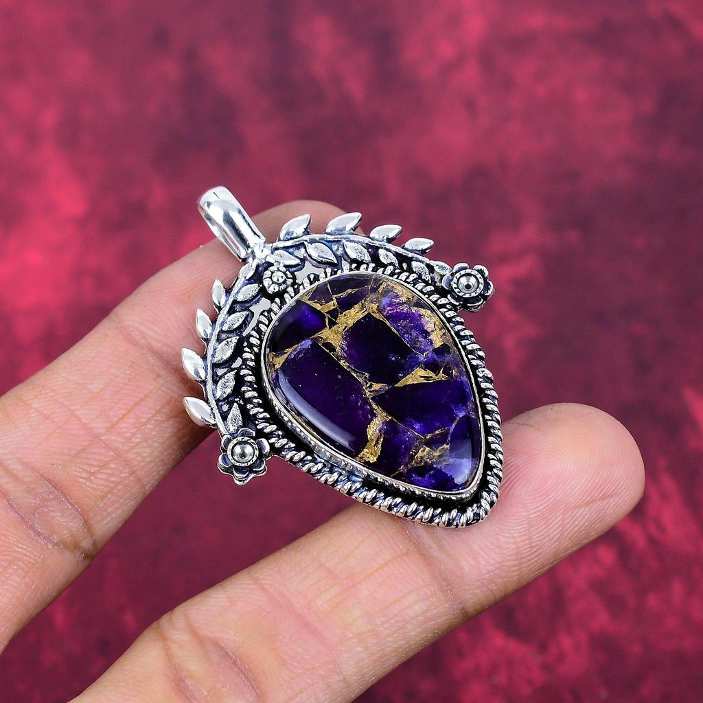 Purple Copper Turquoise Pendant, 925 Solid Sterling Silver Jewelry, Gemstone Pendant, Gift For Her Handmade Dainty Jewelry