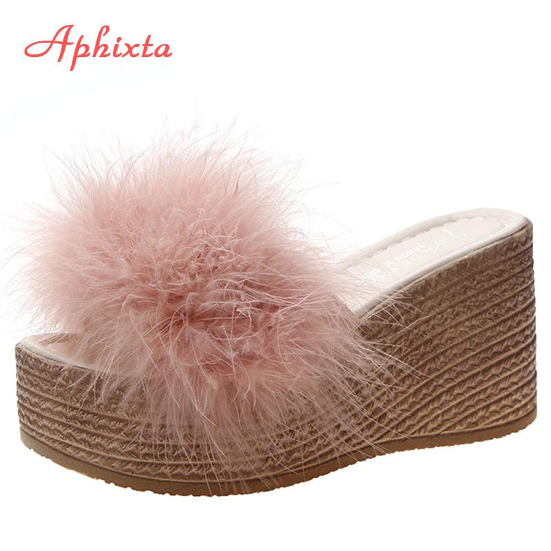 Aphixta 9cm Heels Slides Women's Shoes Woman Slippers Faux Fur Slides Wedge Platform Women Shoes Beach Sandals Zapatos Mujer